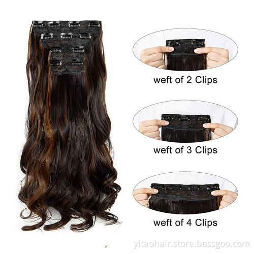 wholesale Synthetic Clip in Hair Extensions highlights Ombre Brown Wavy Hair Extensions 2P 4P 5P Thick Hair Extensions Clip